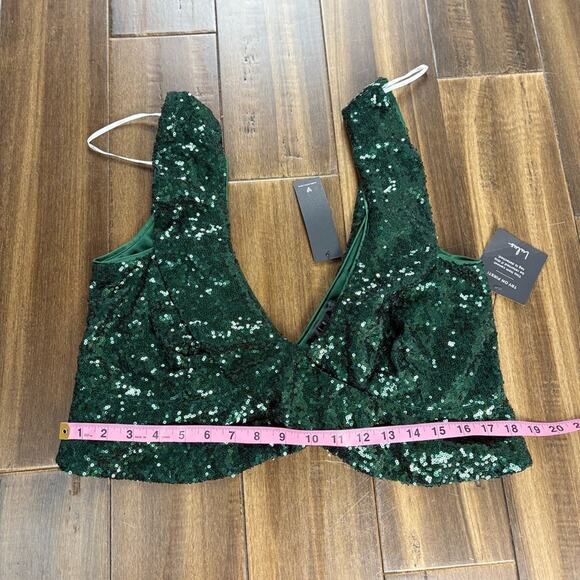 NWT Lulu's Green Sequin Deep V Neck Tank Crop Top Ruffle Hem Sleeveless Bralette - Picture 12 of 13